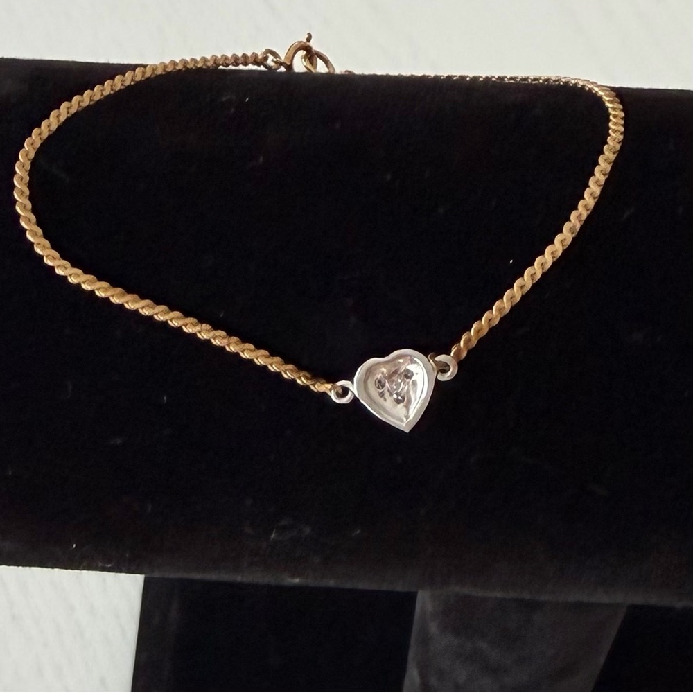 Vintage 14KT Gold Silver and Diamond Heart Bracelet, 6 1/2" - Picture 9 of 16